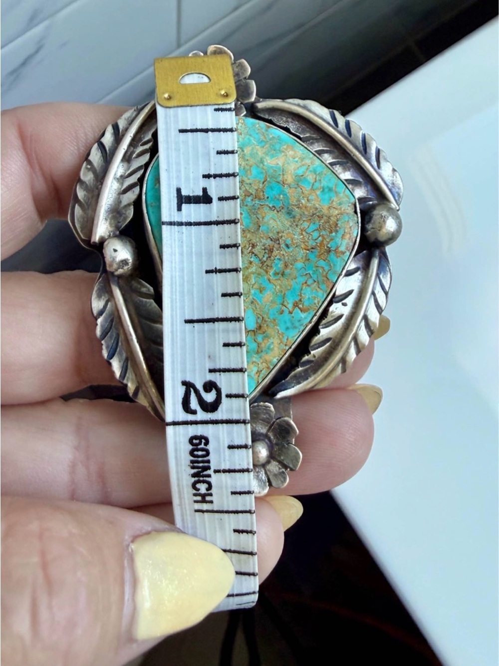 Turquoise Statement Ring with Floral Sterling Silver Setting - Picture 7 of 8